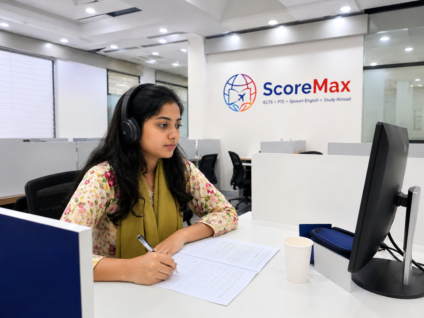 ScoreMax student in the computer lab preparing for PTE Academic with the ScoreMax wall logo behind her