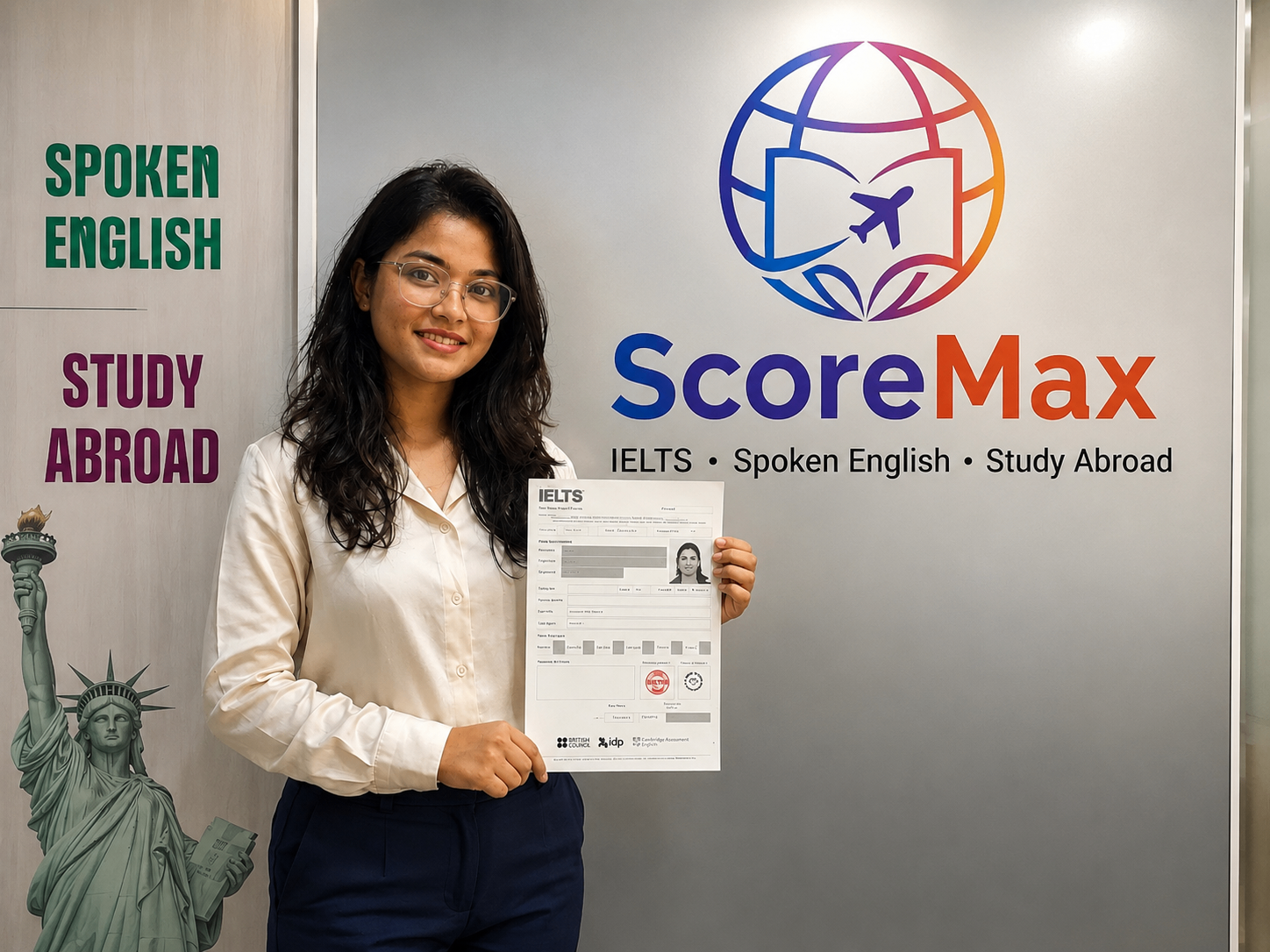 ScoreMax student holding an IELTS test report form in front of ScoreMax branding