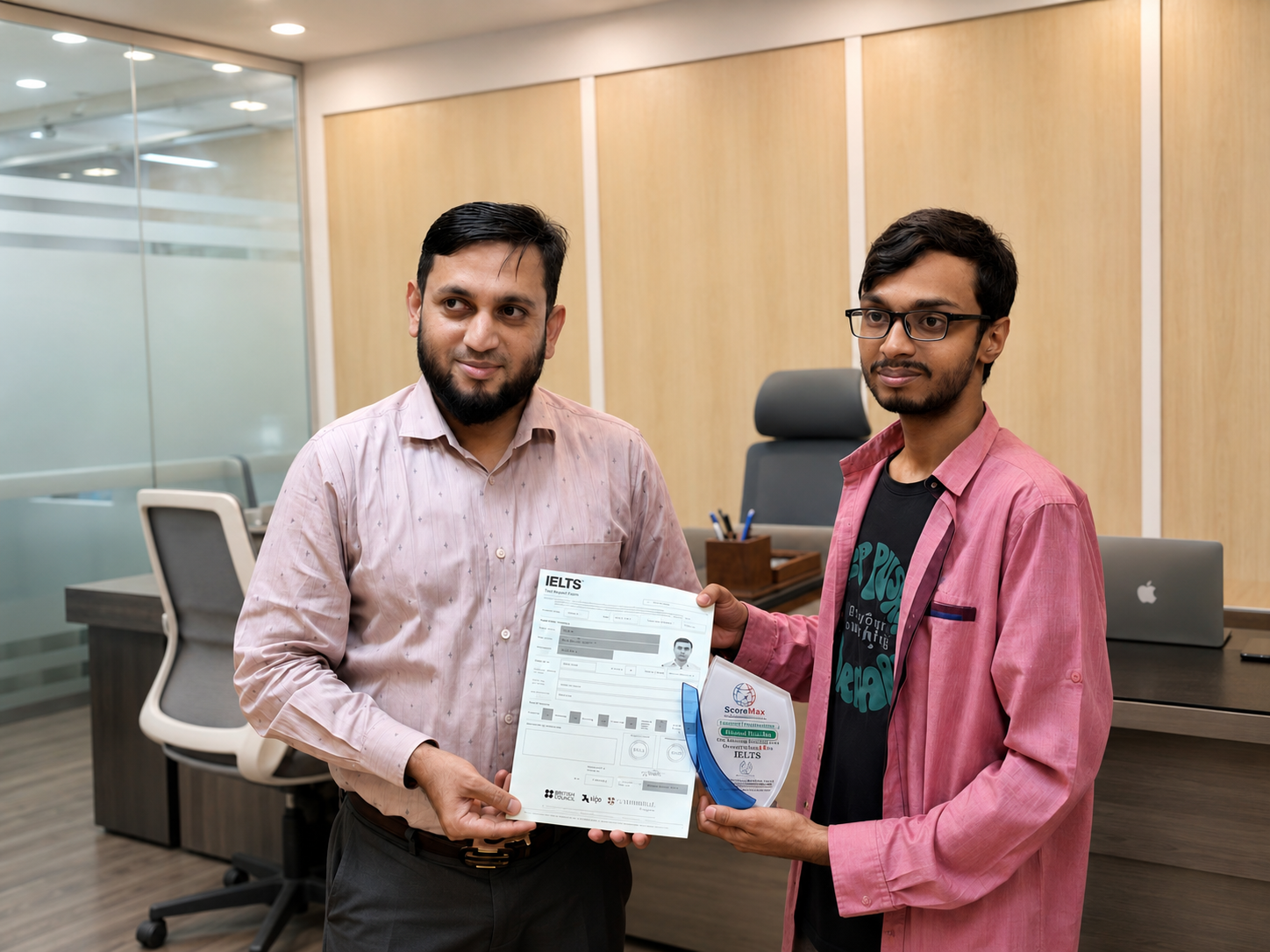 ScoreMax student receiving an IELTS result and ScoreMax recognition award