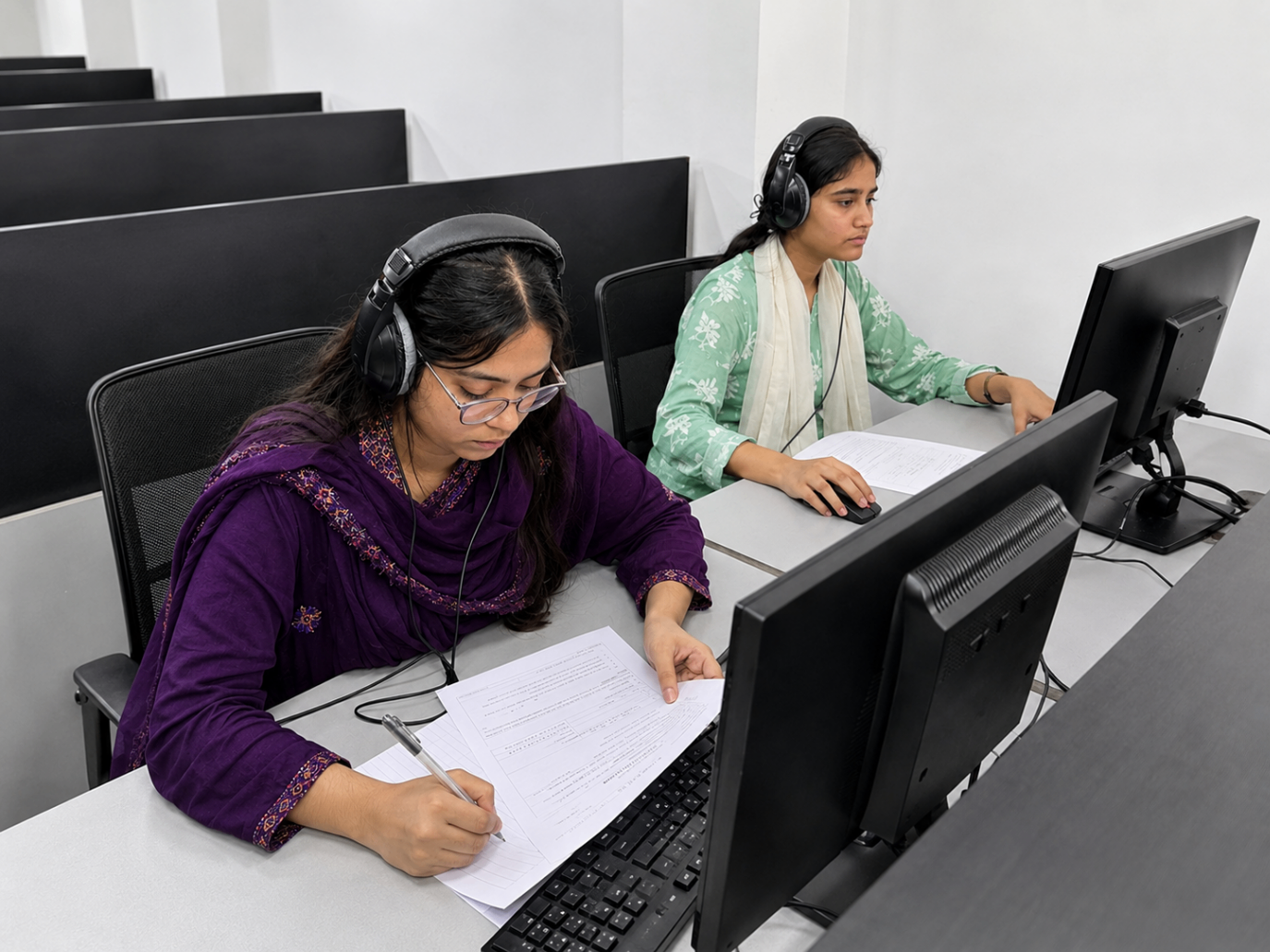 Two ScoreMax students in the computer lab wearing headphones during IELTS listening practice
