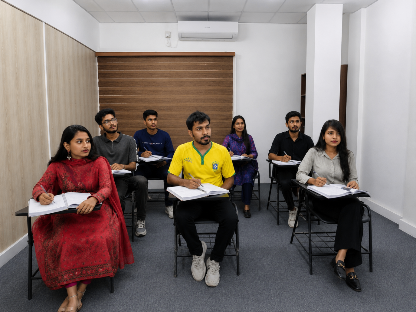 Adult ScoreMax learners seated with notebooks in a Spoken English classroom session.